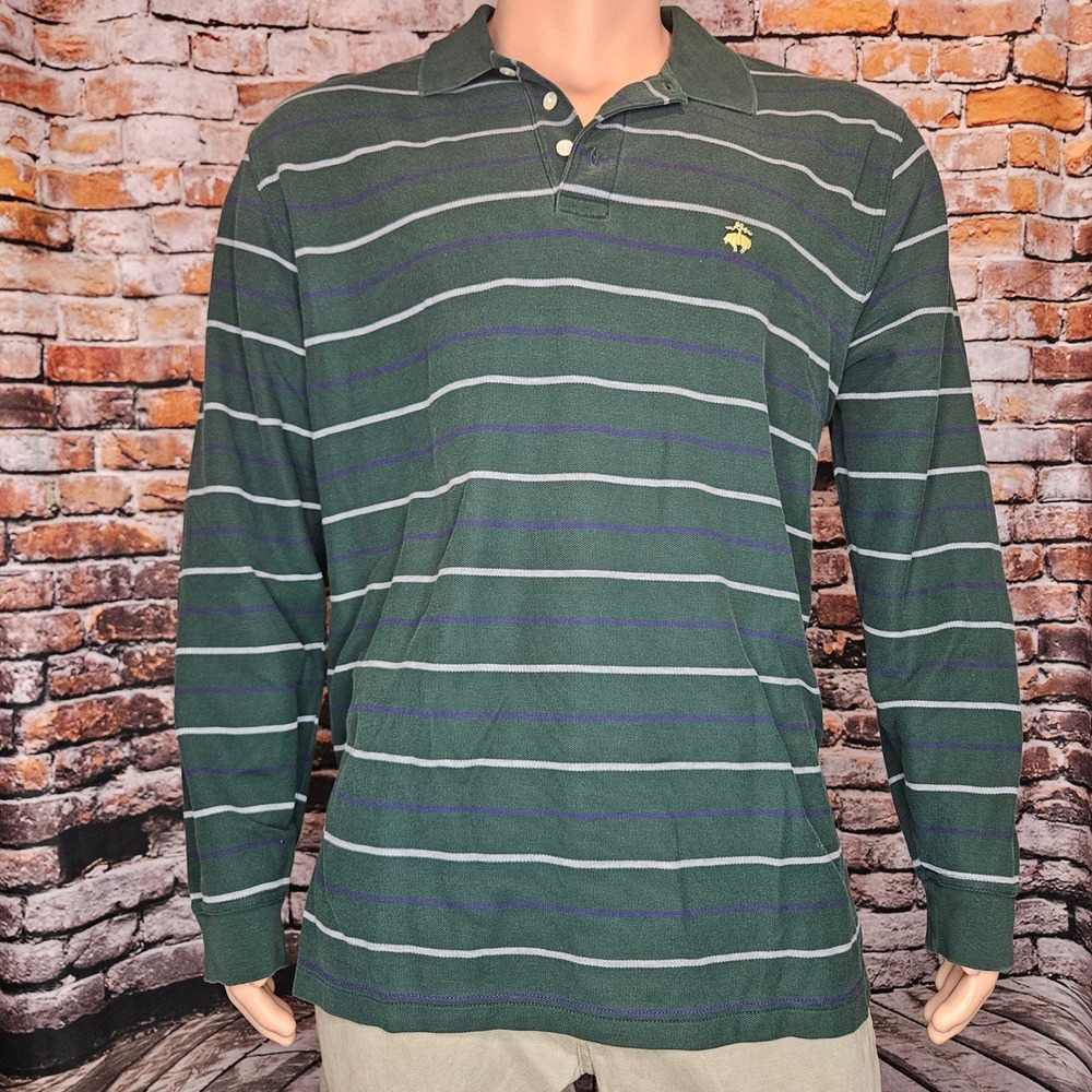 Brooks Brothers Mens XL Long Sleeve Performance Polo Shirt Green Striped Cotton